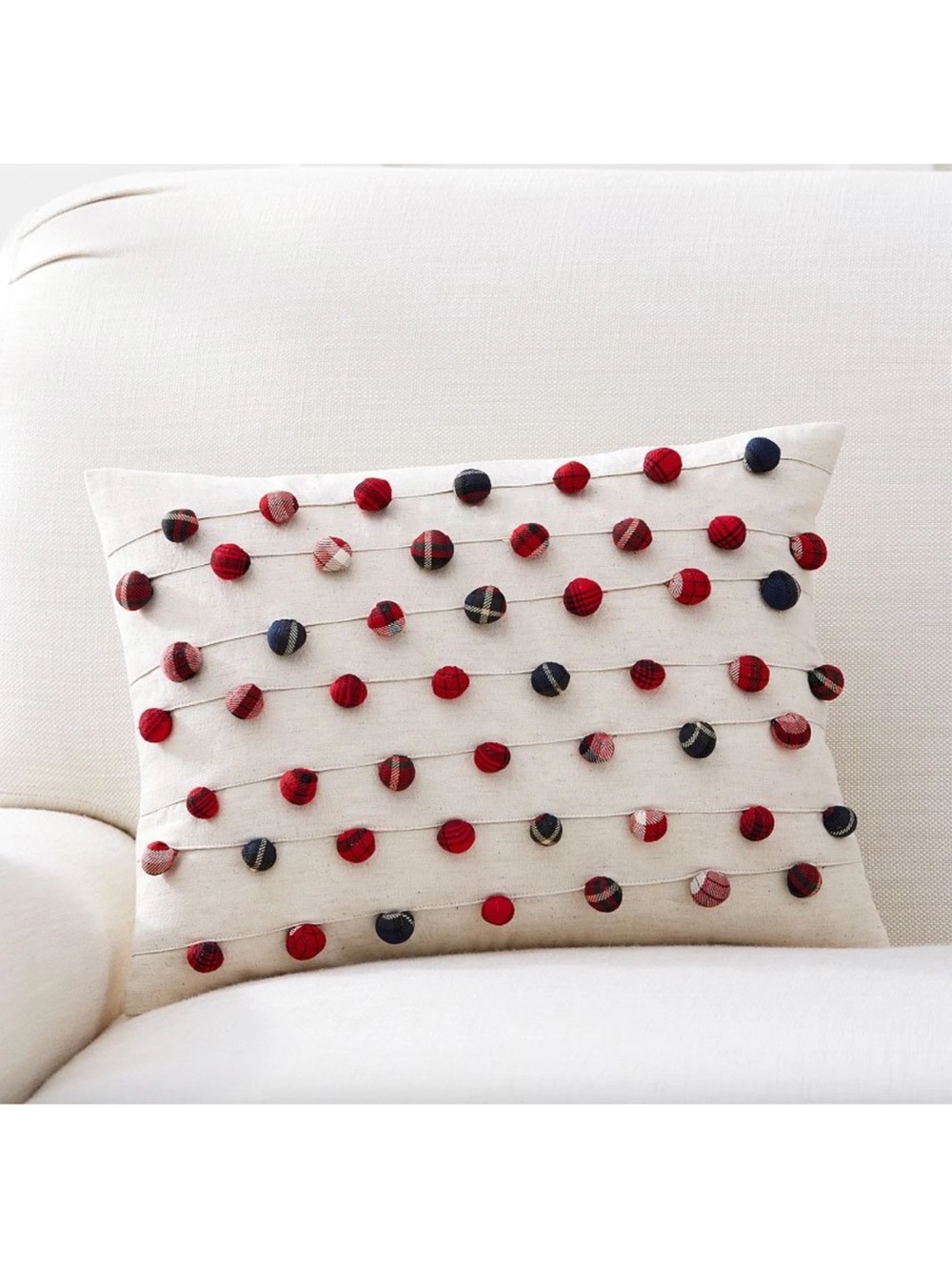 Pottery Barn Cream Pillow with Red and Navy Pom Dots